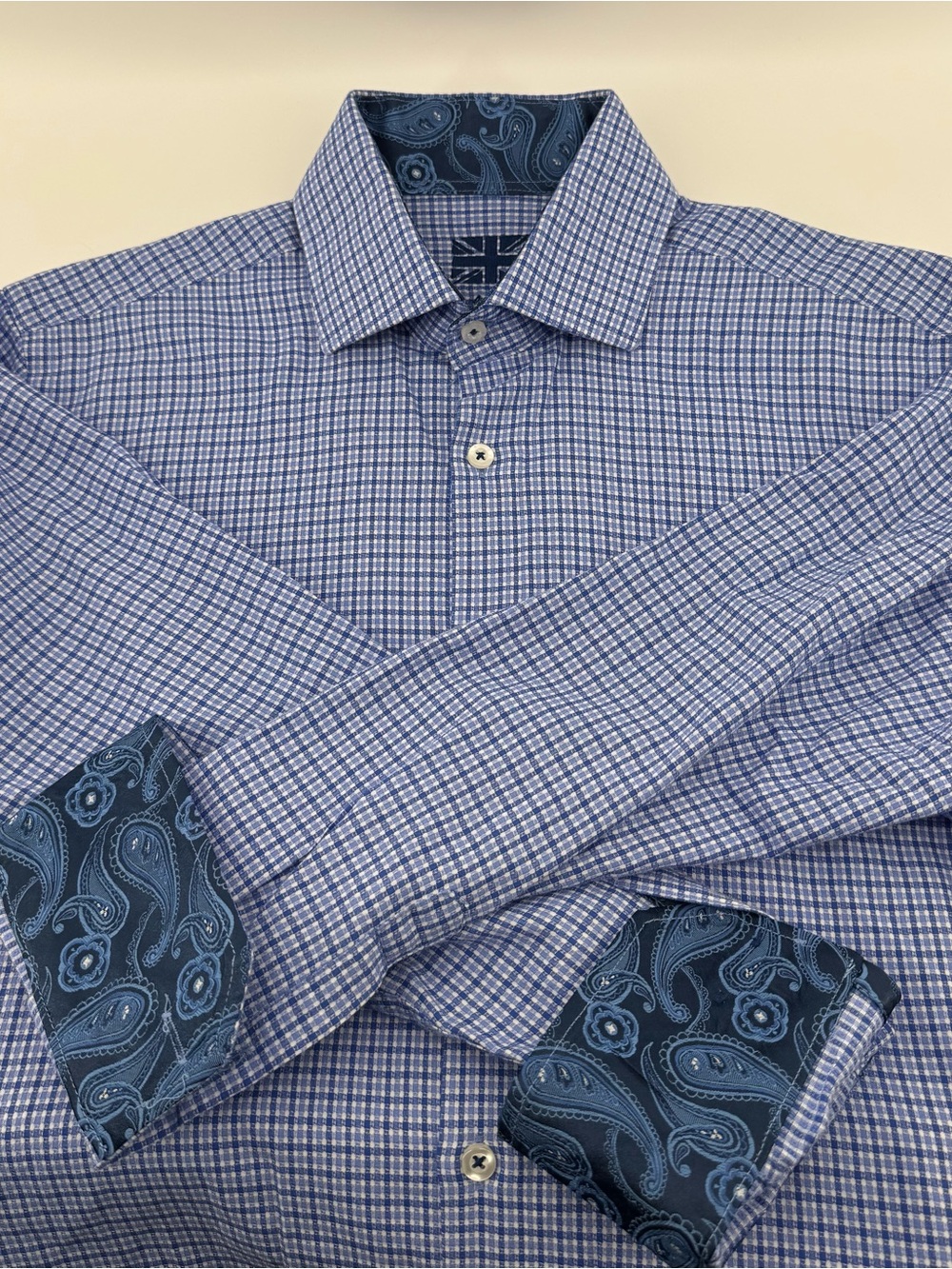 Michaelsons of London Blue Checked / Paidley Long-Sleeve Dress Shirt - Mens M